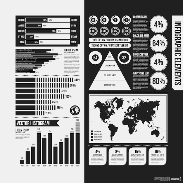 Big set of infographics elements in black and white colors. monochrome design. minimalistic ...