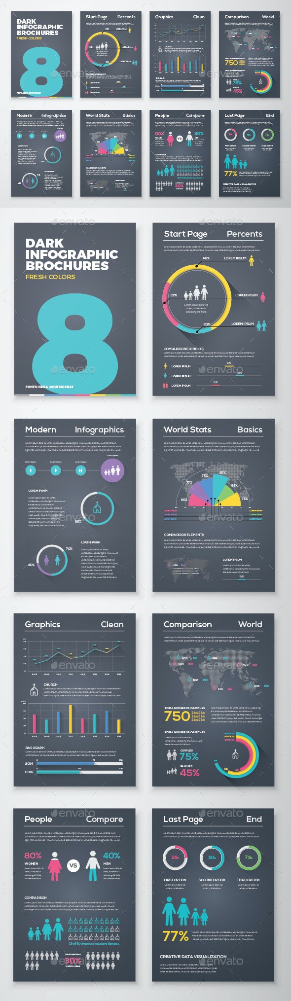Premium Vector | Pack of three dark infographic banners with color details