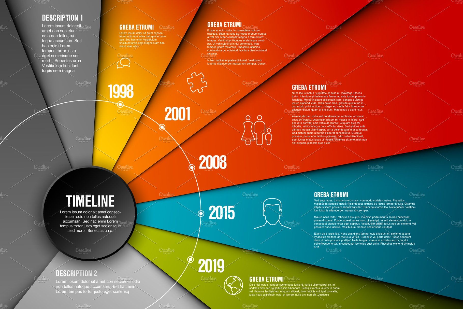 Timeline infographics design template with 3D paper label, integrated circles background. Blank ...